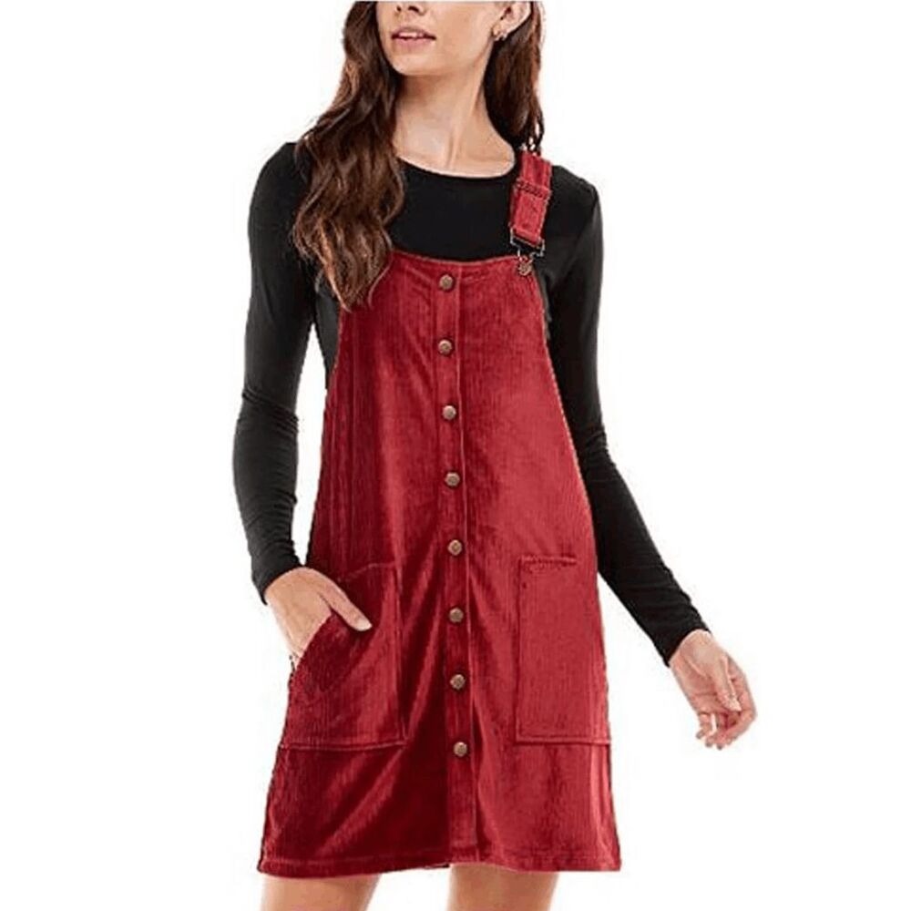 Planet Gold Junior's  Women's Corduroy Overall Shift Dress- Pomegranate XS